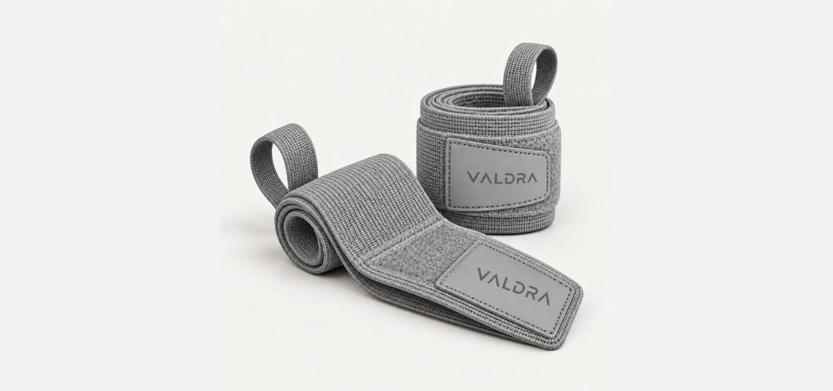 Valdra Wrist Wraps for weightlifting with thumb loop, grey