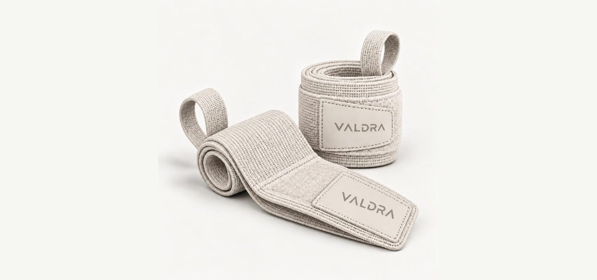 Valdra Wrist Wraps for weightlifting with thumb loop, ivory