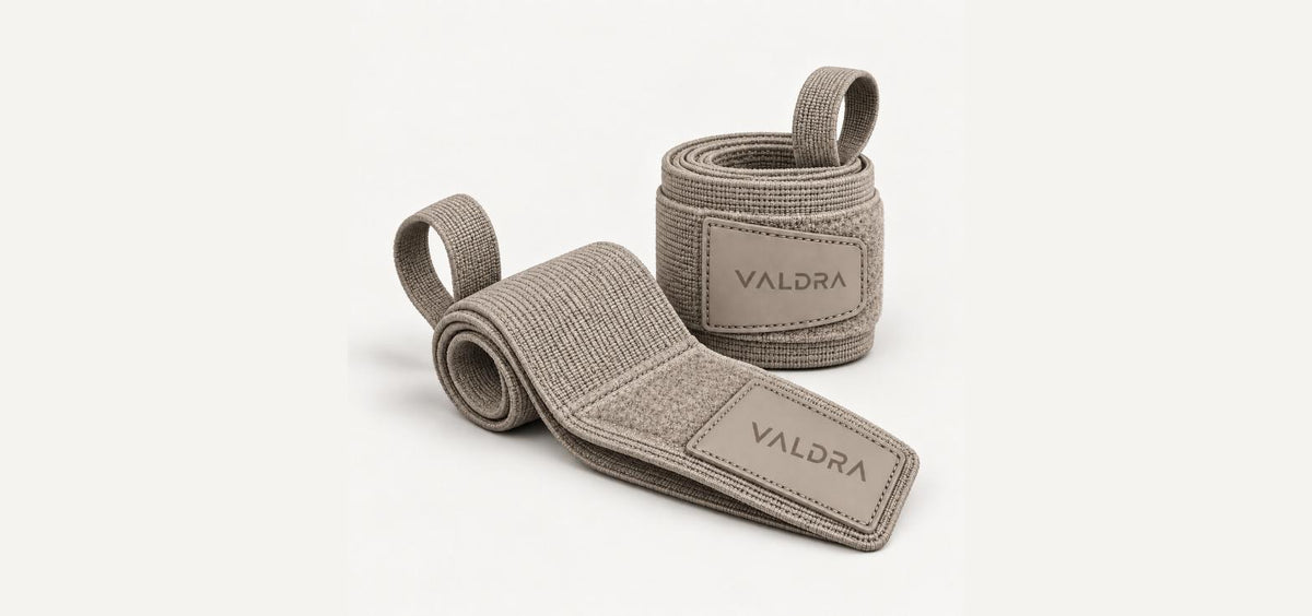 Valdra Wrist Wraps for weightlifting with thumb loop, taupe
